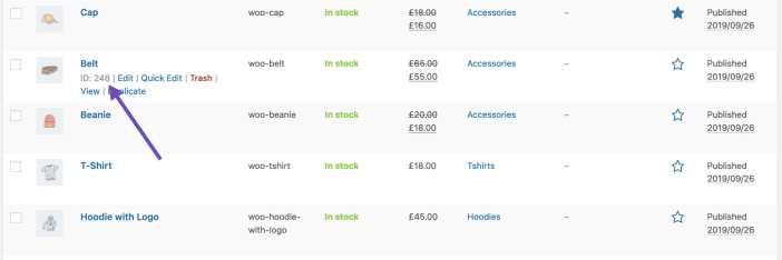 A product ID displayed beneath a product listing in a WooCommerce store dashboard.