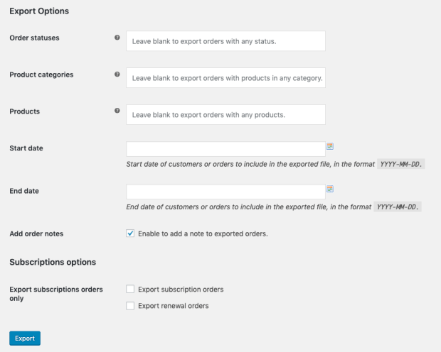 Options for a manual bulk export