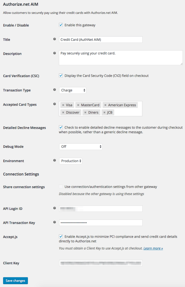 WooCommerce Authorize.Net AIM Credit Card Settings