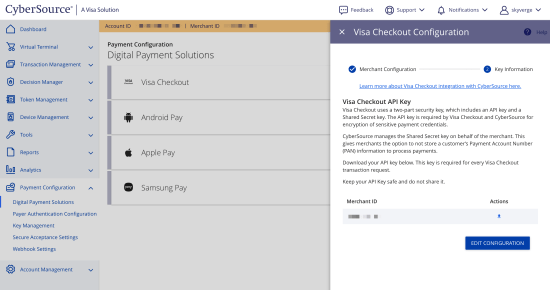 Finding the Visa Checkout Key in the CyberSource merchant control panel.