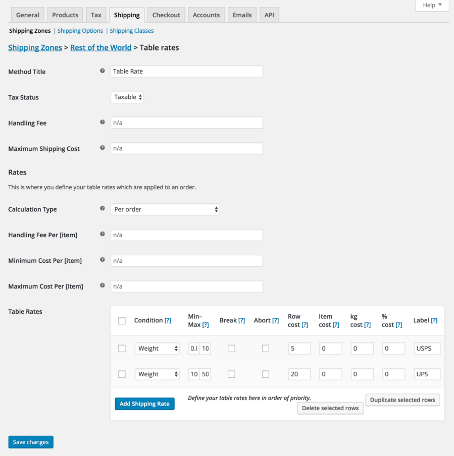 Impostazioni di Table Rate Shipping