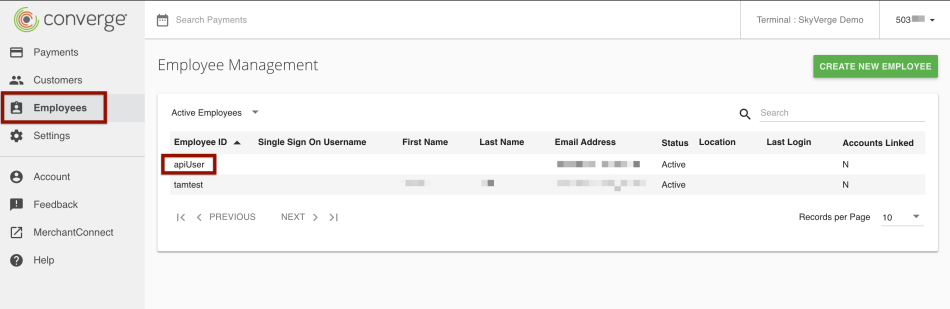 Navigating to the Employees tab and selecting the API employee in the Elavon control panel.