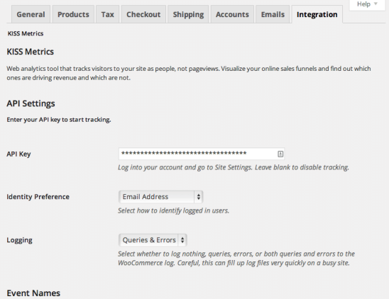 WooCommerce Kissmetrics integration admin settings