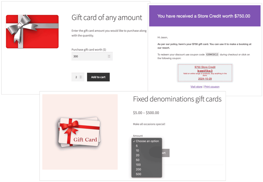 Tipos de tarjetas regalo de Smart Coupons para WooCommerce