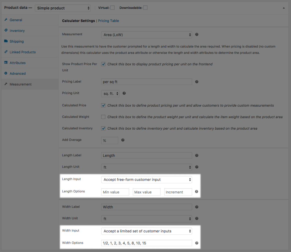 WooCommerce Measurement Price Calculator Input Options