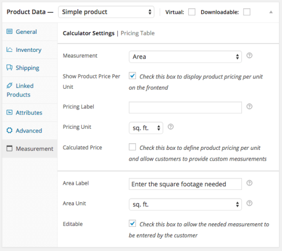 WooCommerce Measurement Price Calculator measurement tab