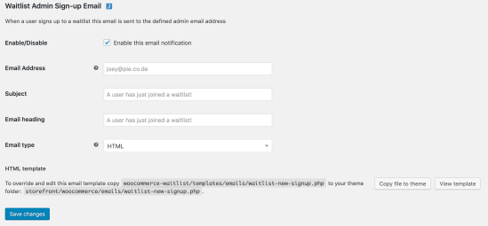 Waitlist Admin New Signup Notification Email Settings