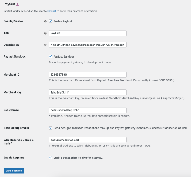 Payfast settings screen in a user's WP Admin dashboard with the Payfast Sandbox option selected.