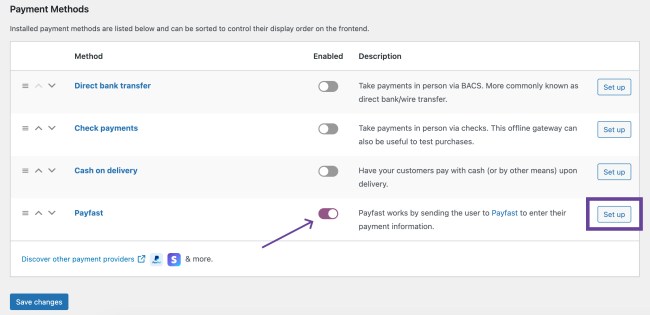 Payment Methods screen in a store's WP Admin dashboard shown with Payfast enabled.