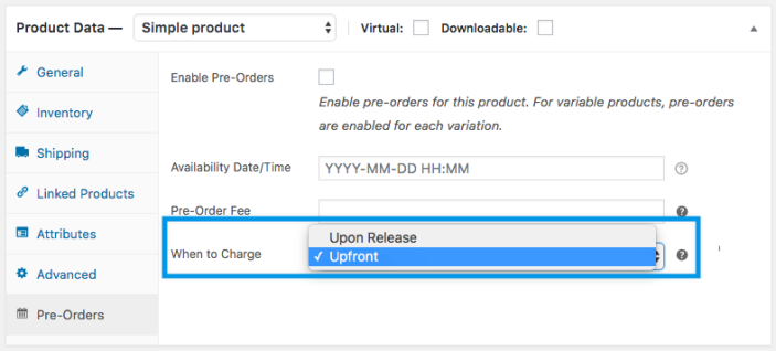 A Product Data meta box showing the 'When to charge' option set as 'Upfront' for a pre-order.