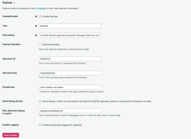 Payfast settings screen displayed in a store's WP Admin dashboard.