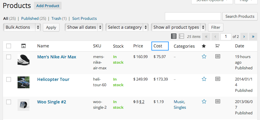 WooCommerce Cost of Goods Product Table Display