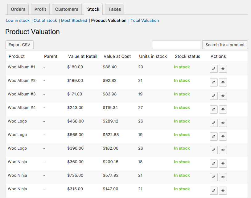 WooCommerce Cost of Goods Product Valuation report