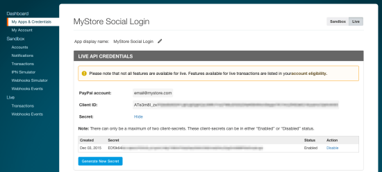 WooCommerce Social Login PayPal app credentials