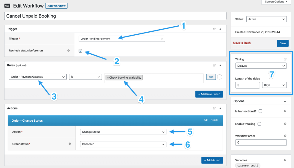 Steps to set up an AutomateWoo workflow that automatically cancels unpaid bookings to free up availability.