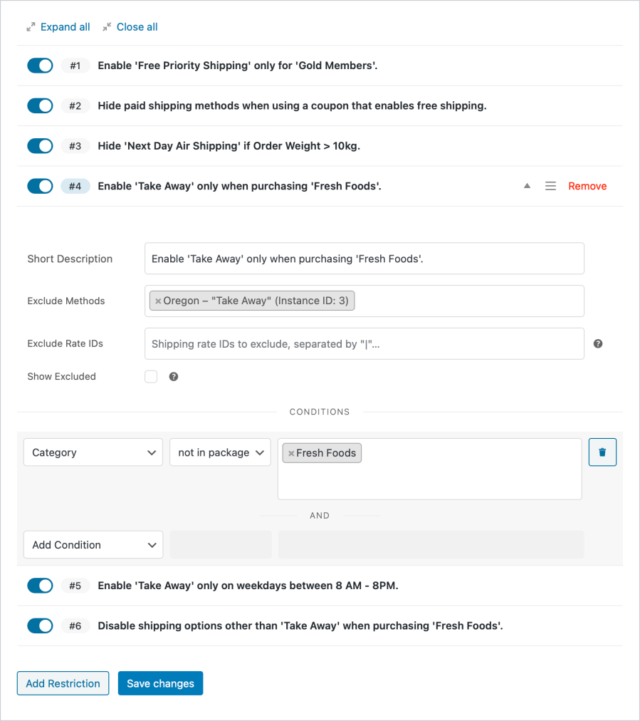 Create rules to hide existing shipping methods and live shipping rates.