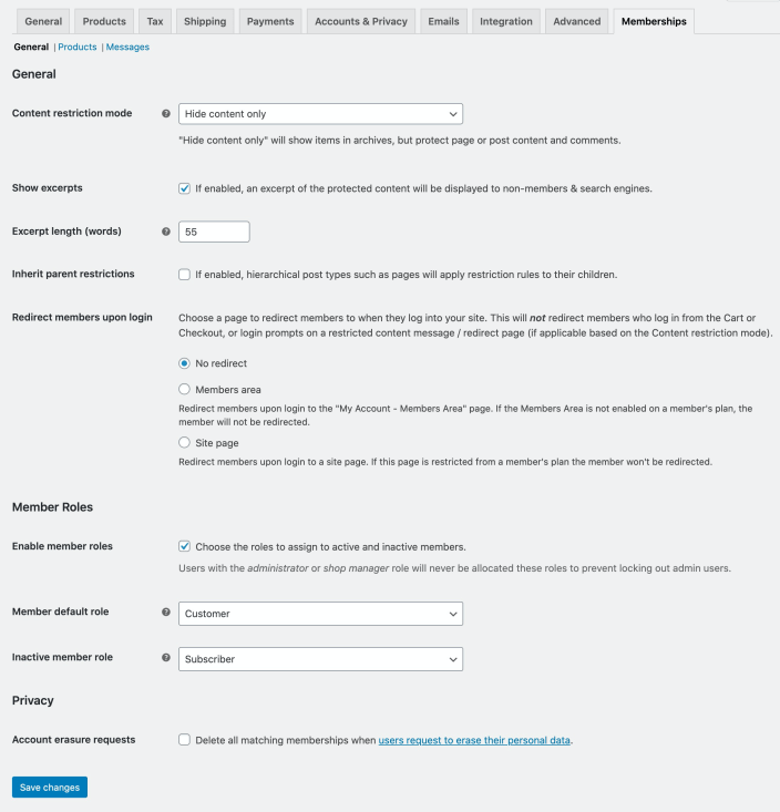 WooCommerce Memberships general settings area