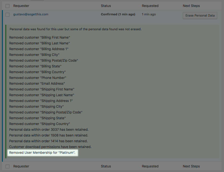 WooCommerce Memberships personal data erasure