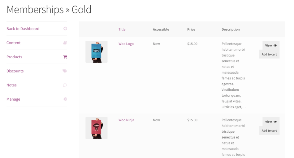 WooCommerce Memberships: Member Area products
