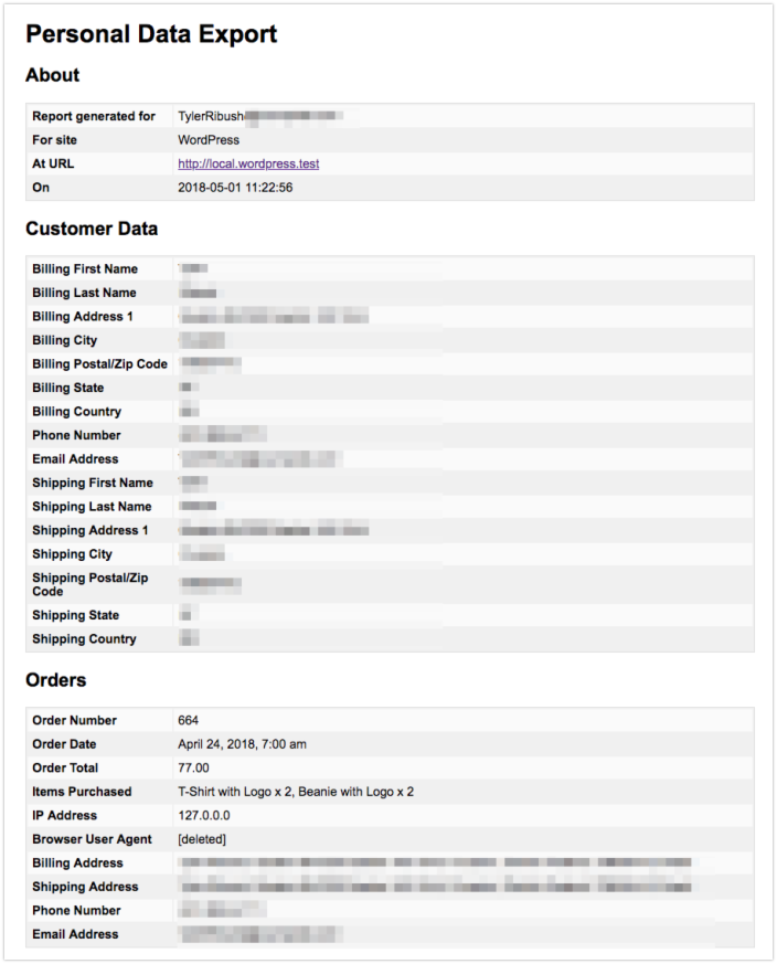 A file titled "Personal Data Export" with three tables demonstrating customer information. The three tables are in sections titled: "About", which contains who the report was generated for, what site and URL it came from, as well as the date of the export.  "Customer Data", which lists billing and shipping addresses of the customer, as well as their phone number and email address. And "Orders", which lists details of the customer's orders including the number, total cost, items purchased, IP address, and address information for each order.