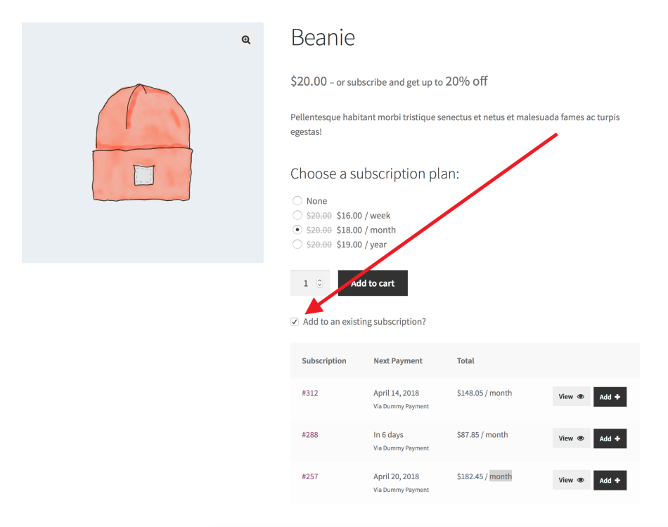 A checkbox that a customer ticks to add a product to an existing subscription when All Products for WooCommerce Subscriptions is installed. Located under the quantity box and add to cart button on the product page.