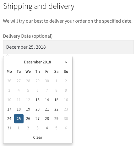 Displays a calendar to select a delivery date in the checkout form