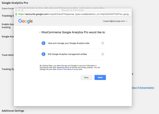 WooCommerce Google Analytics Authenticate account
