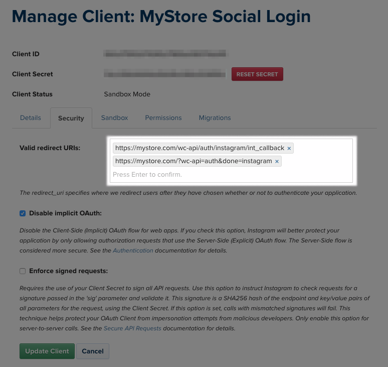 Social Login Instagram update callback URL