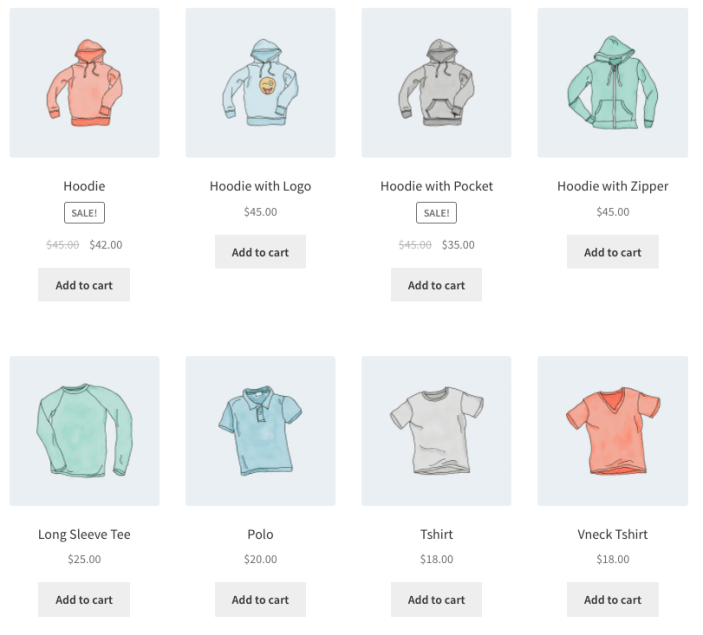 Products in the 'tshirts' and 'hoodies' categories displayed using the products shortcode.