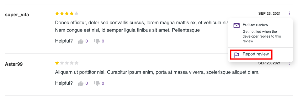 "Report review" button in the review menu.