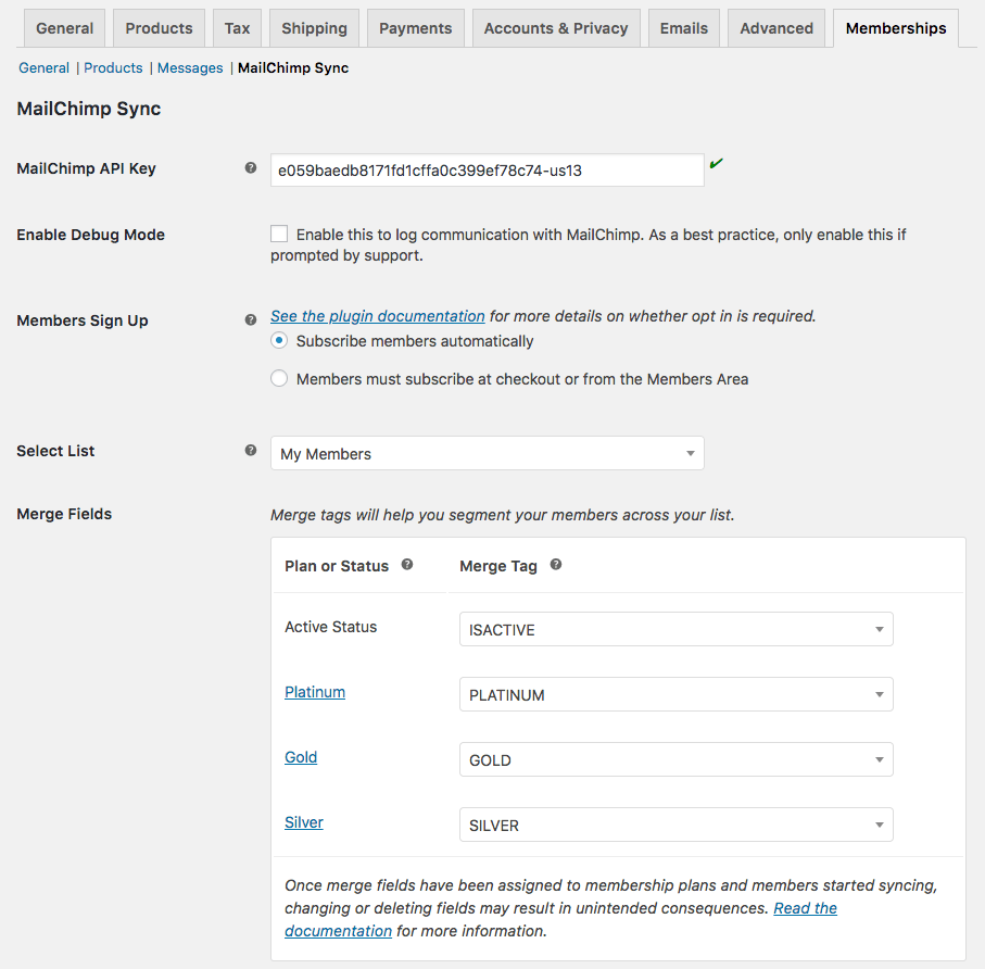 Mailchimp for WooCommerce Memberships: List settings