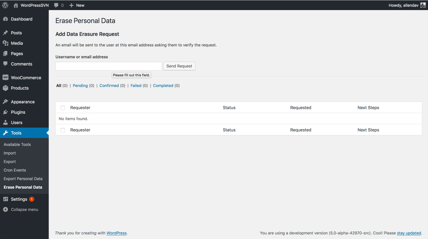 Right to Erasure tool in WordPress core