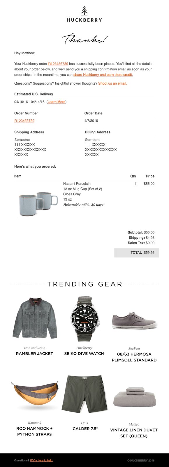 Huckberry's order confirmation email. 