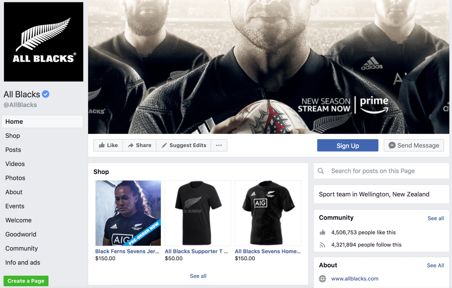 The Facebook for WooCommerce extension pulls products from WooCommerce onto the official All Blacks Facebook page.