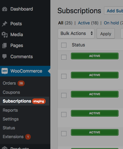 A red staging bubble is indicated next to WooCommerce > Subscriptions menu.