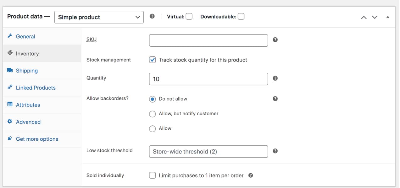 inventory options in WooCommerce