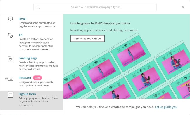 The campaign creation screen in MailChimp