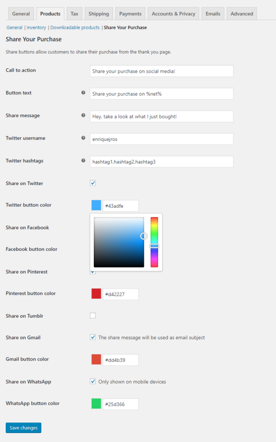 Share Your Purcharse for WooCommerce settings