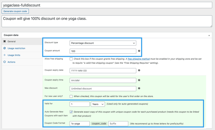 Bookings Use Case - Yoga Class - Coupon General Settings