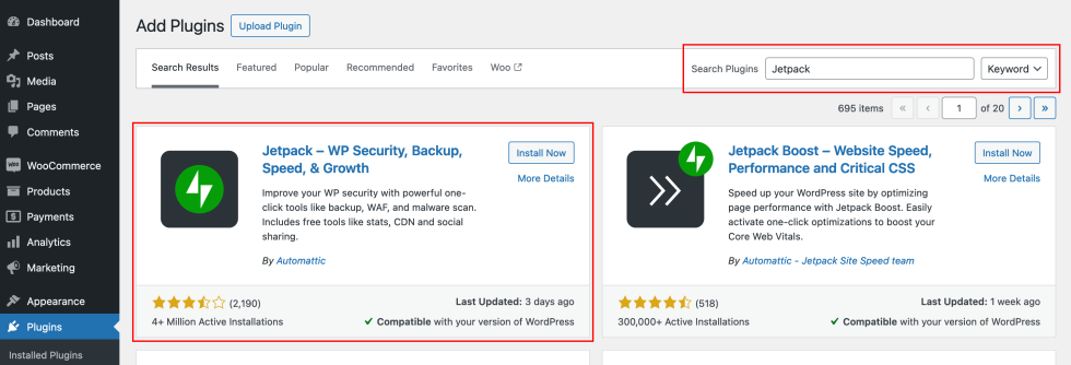 Jetpack search results on the 'Add Plugins' page in a user's WP Admin dashboard.
