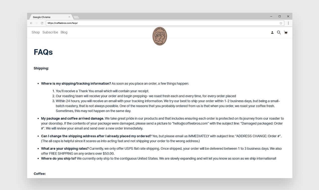 screenshot of Coffee Bros. FAQ page