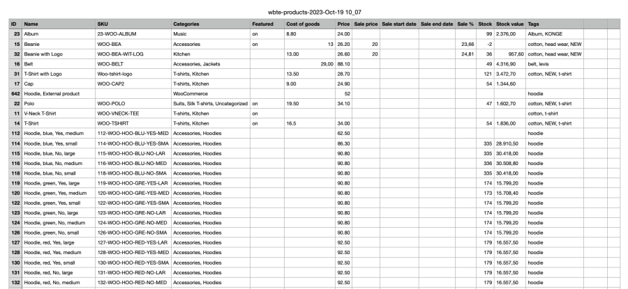 Bulk Table Editor – Exporter des produits au format .csv