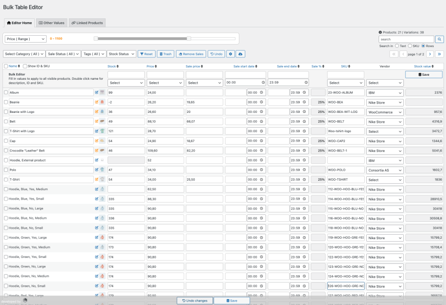 Bulk Table Editor – tableau de l’accueil de l’éditeur