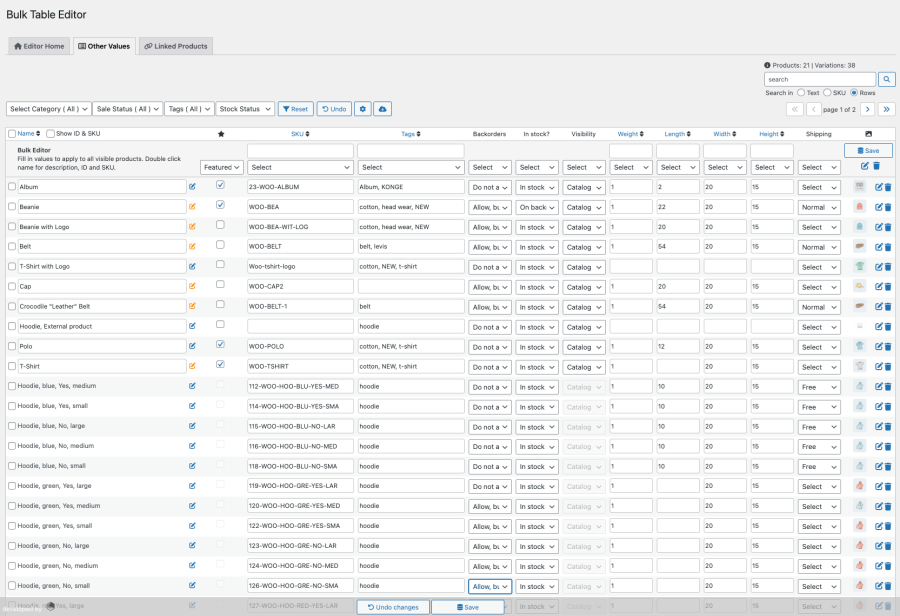 Bulk Table Editor – tableau des autres valeurs