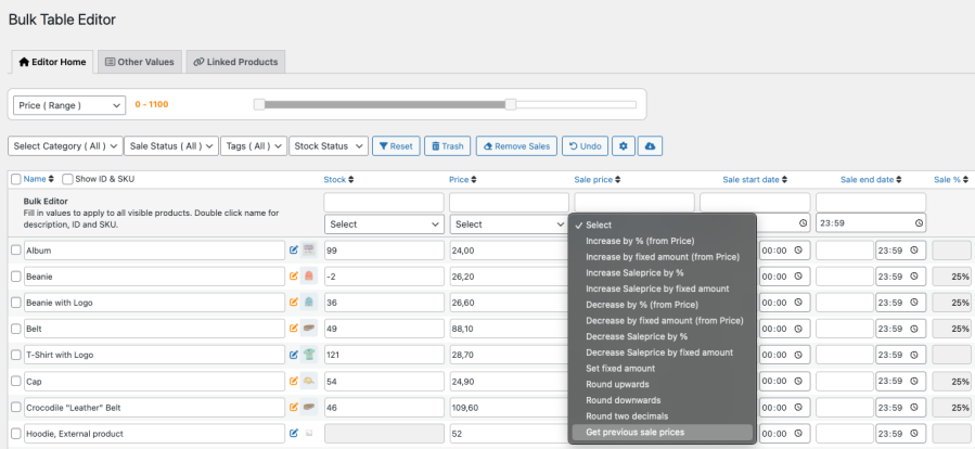 Bulk Table Editor - previous sales