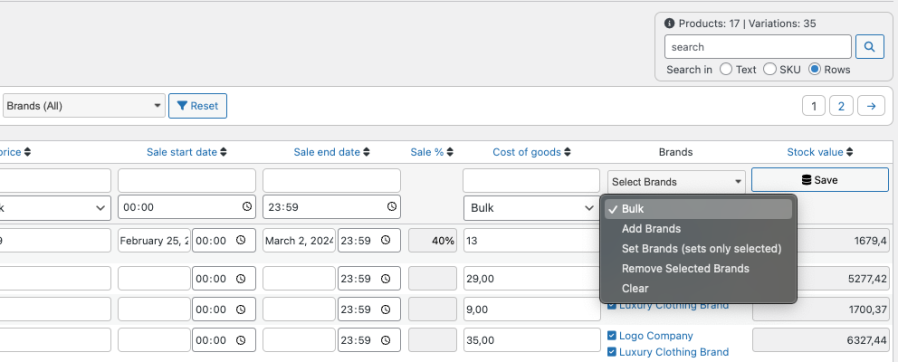 Bulk Table Editor - Brands