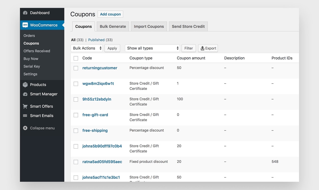 screenshot of Smart Coupons admin dashboard, showing a list of available coupons