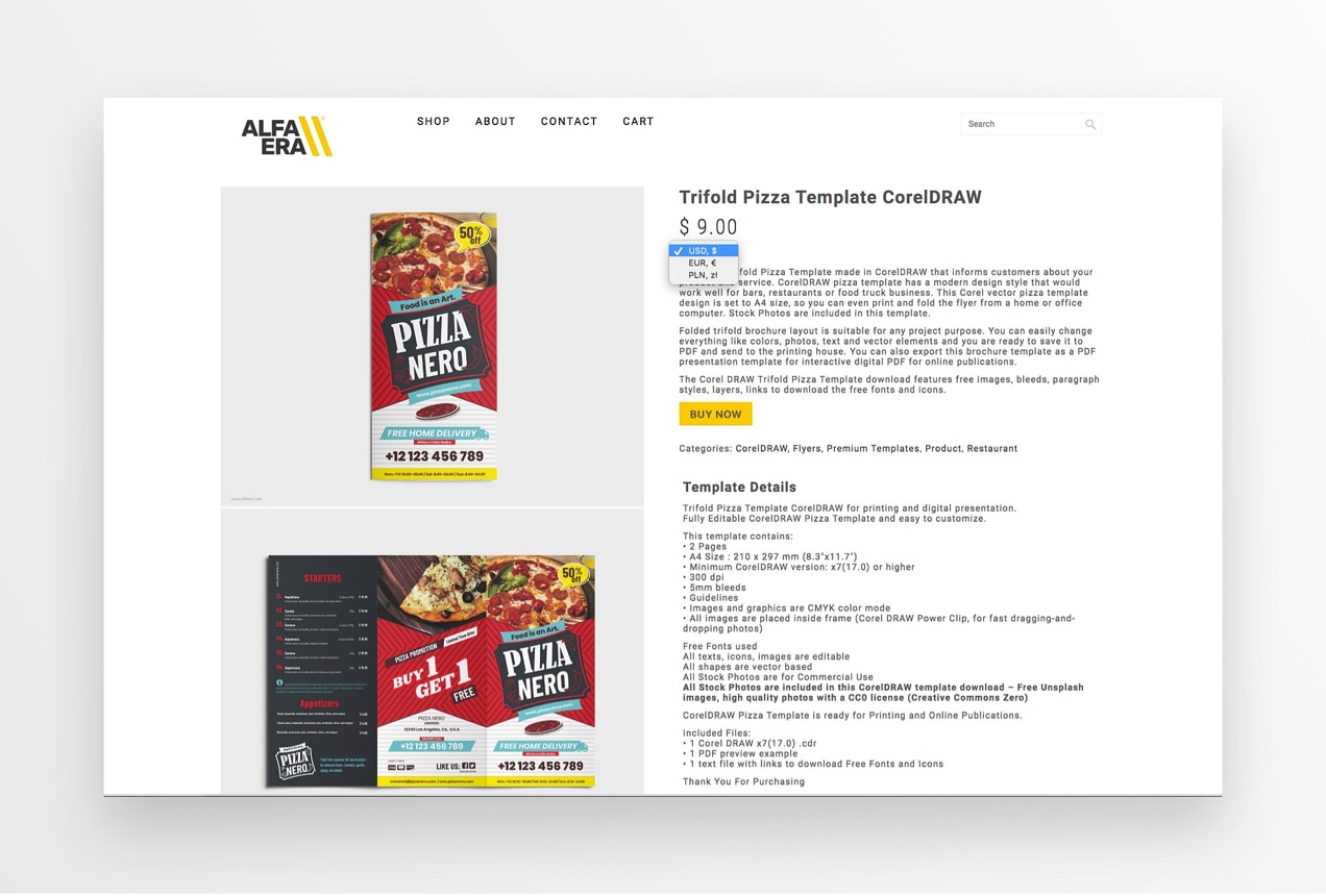 Alfaera product page with a currency conversion dropdown