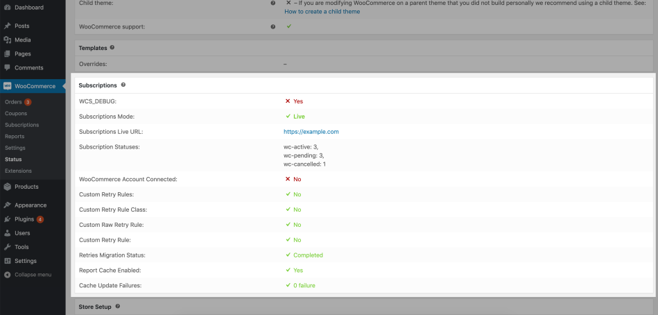 Subscriptions system status report section