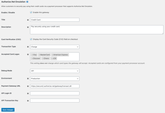 WooCommerce Authorize.Net Emulation settings